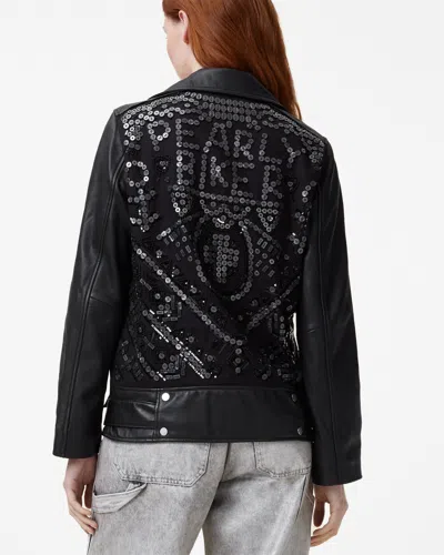 Allsaints Billie Pearl Embellished Leather Biker Jacket In Black