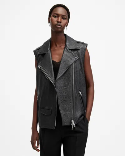 Allsaints Billie Relaxed Fit Leather Biker Gilet In Black