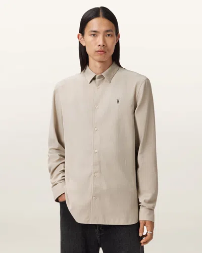 Allsaints Mens Moon Grey Birchwood Ramskull-embroidered Slim-fit Organic-cotton Shirt In Multi