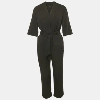 Allsaints Black Crepe Belted Cropped Hailey Jumpsuit In Animal Print