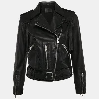Pre-owned Allsaints Black Leather Zip-up Tassel Detail Balfern Biker Jacket S