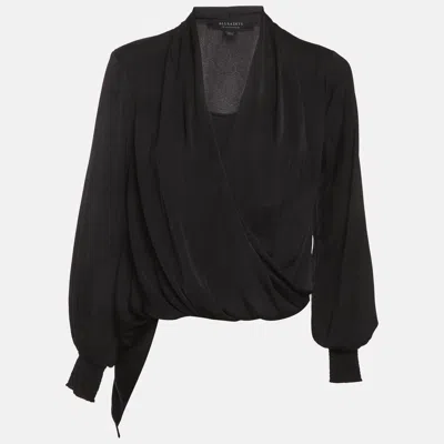 Pre-owned Allsaints Black Satin Draped Abi Long Sleeves Over Top Xs