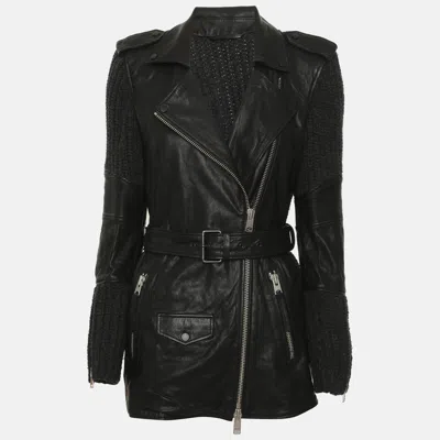 Pre-owned Allsaints Black/grey Rib Knit And Leather Belted Jacket L