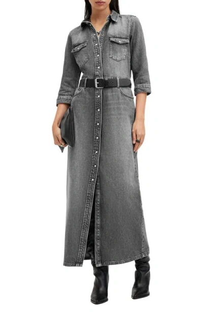 Allsaints Blair Denim Shirtdress In Washed Black