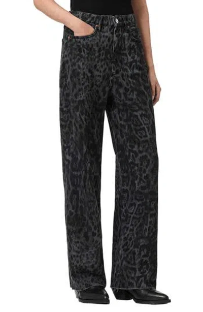 Allsaints Blake Leopard Print Wide Leg Jeans In Leppo Black