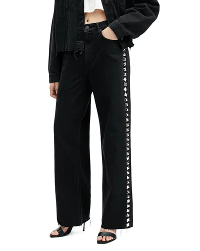 Allsaints Blake Studded High Rise Wide Leg Jeans In Black