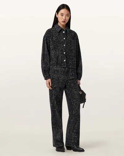 Allsaints Blake Wide Leg Leopard Print Jeans In Black