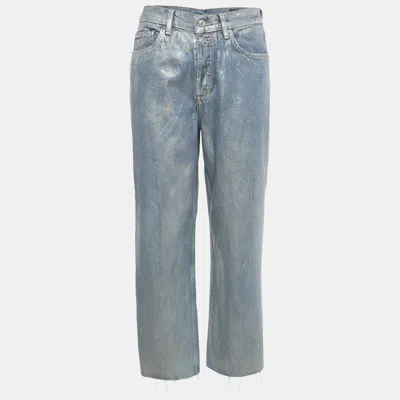 Pre-owned Allsaints Blue Metallic Coated Denim Cropped Raw Hem Jeans M Waist 28"