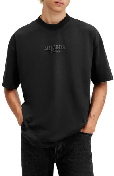 Allsaints Bones Textured Logo Oversized T-shirt In Washed Black