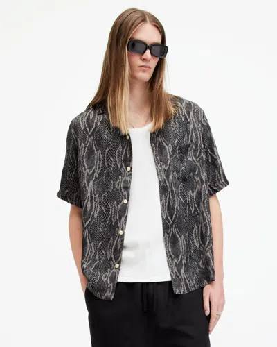 Allsaints Boomslang Snake Print Relaxed Fit Shirt In Jet Black