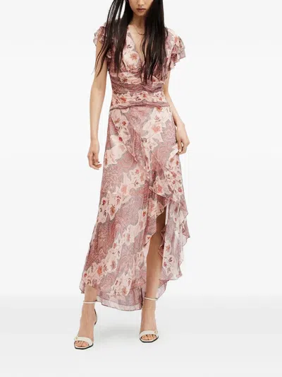 Allsaints Brea Floral Print Cascade Maxi Dress In Clay Pink In Multi