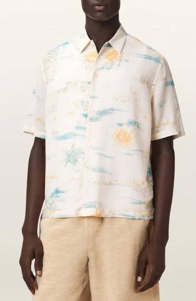 Allsaints Mens Candy Yellow Breezer Graphic-print Linen-blend Shirt In Multi