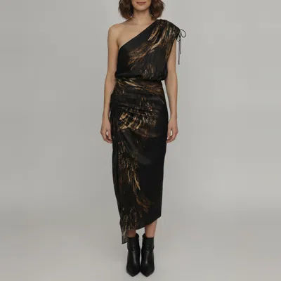 Pre-owned Allsaints Brown Abstract Printed Satin Laura Ines One Shoulder Midi Dress Xl