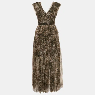 Pre-owned Allsaints Brown Leopard Print Tulle Pleated Midi Dress S