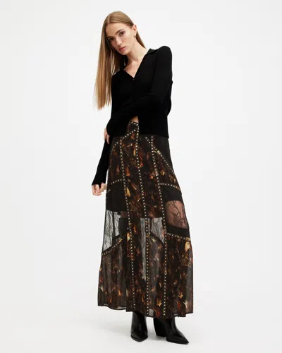 Allsaints Bryn Embellished Panelled Maxi Skirt In Kateri Black