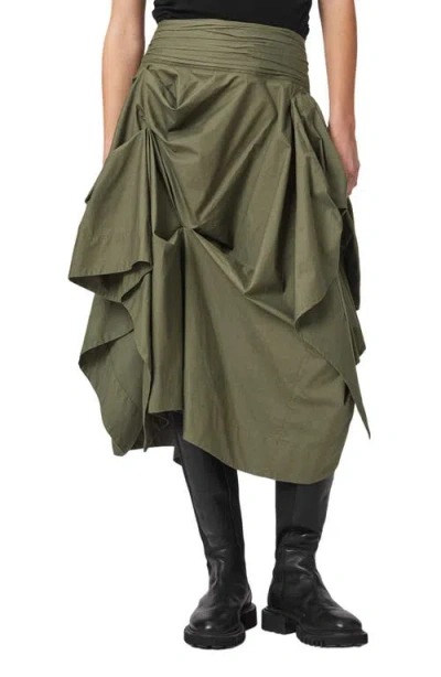 Allsaints Brynne Ruched Waist Cotton Midi Skirt In Green