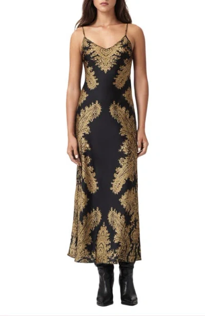 Allsaints Bryony Paisley Stretch Satin Slipdress In Black
