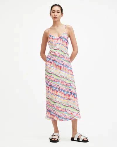 Allsaints Bryony Rainbow Print Midi Slip Dress In Rainbow Multi