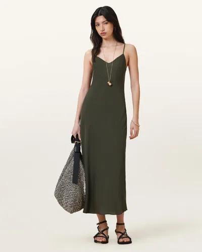 Allsaints Bryony V-neck Midi Slip Dress In Rifle Green