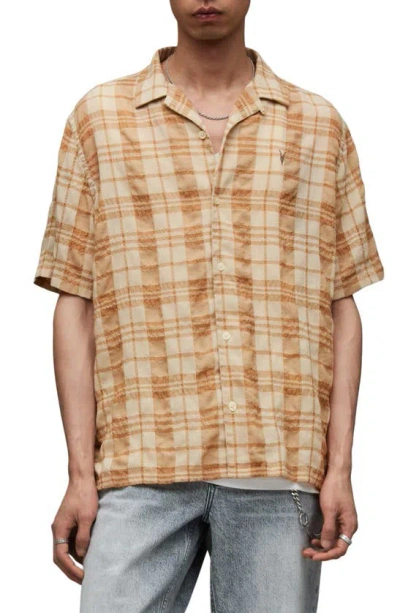 Allsaints Buddy Plaid Textured Camp Shirt In Faded Taupe