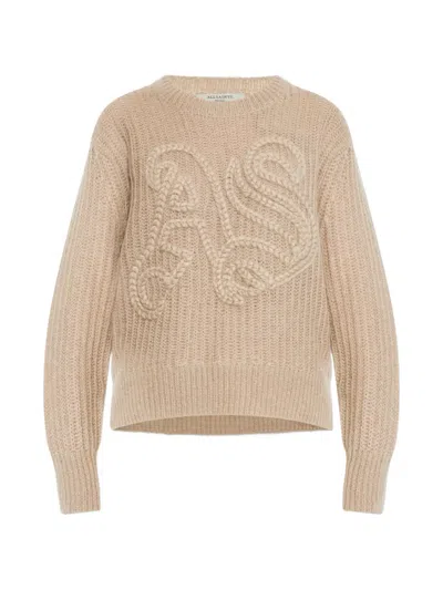 Allsaints Womens Barley White Chain Branded-motif Knitted Jumper In Brown