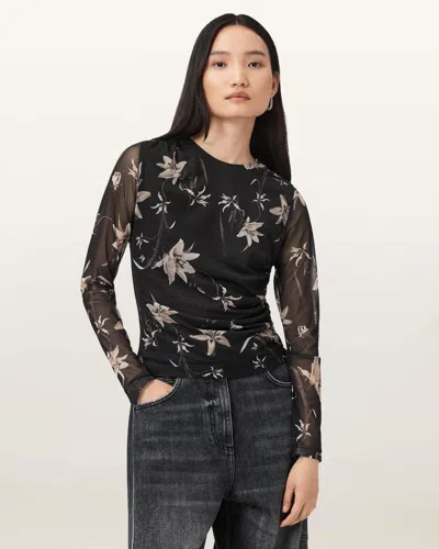 Allsaints Caia Floral Mesh Top In Black