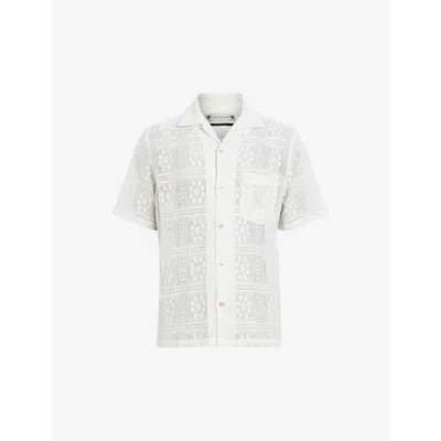 Allsaints Mens Lilly White Caleta Relaxed-fit Embroidered Organic-cotton Shirt