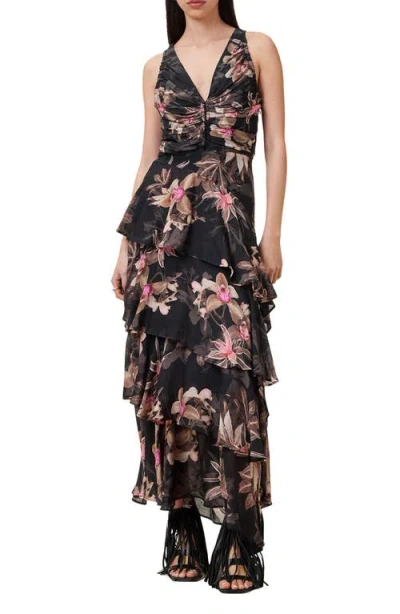 Allsaints Cali Floral Ruffle Tiered Cocktail Dress In Adena Black