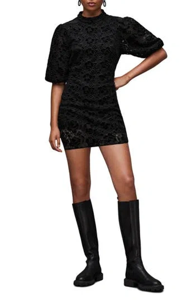Allsaints Camila Floral Velvet Lace Minidress In Black