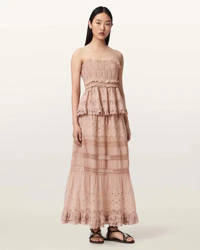 Allsaints Womens Plaster Pink Camille Embroidered Woven Maxi Skirt In Brown