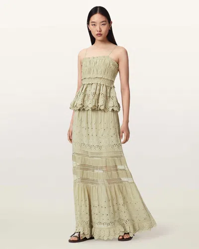 Allsaints Camille Embroidered Tiered Maxi Skirt In Green