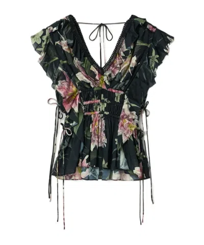 Allsaints Canto Floral Side Tie Tiered Ruffle Trim Top In Multi