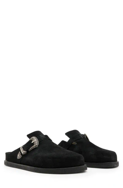 Allsaints Mens Black Carlo Buckle-embellished Flat Suede Mules