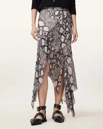 Allsaints Womens Cassie Snake-print Woven Midi Skirt Flow Ecru Whit In Beige