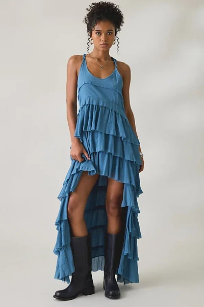 Allsaints Cavalry Crepe Twist Strap Tiered Ruffle High-low Maxi Dress In Blue, Women's At Urban Outfitters