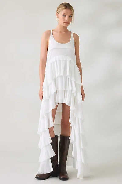 Allsaints Cavalry Crepe Twist Strap Tiered Ruffle High-low Maxi Dress In White, Women's At Urban Outfitters
