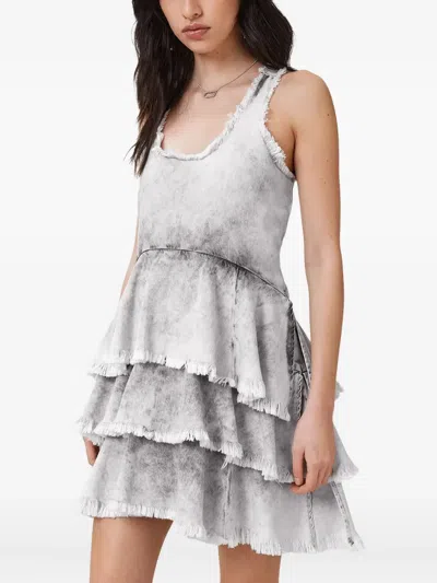 Allsaints Cavarly Frayed Tiered Mini Dress In Gray