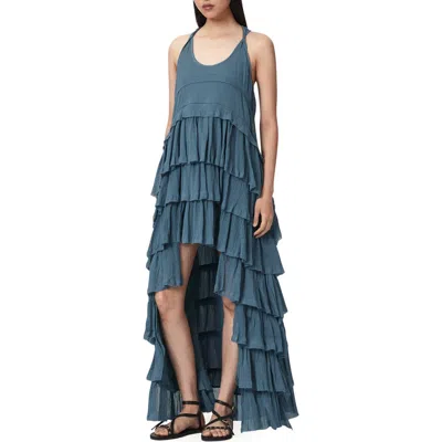 Allsaints Cavarly High Low Ruffled Cotton Crepe Dress In Blue