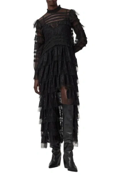 Allsaints Cavarly Lace Ruffle Long Sleeve Maxi Dress In Black