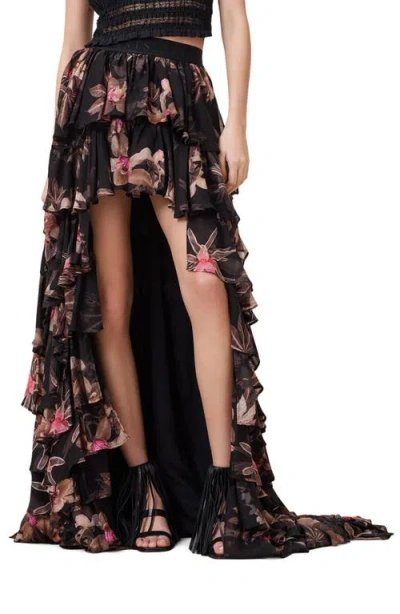 Allsaints Cavarly Layered Ruffle High-low Maxi Skirt In Adena Black