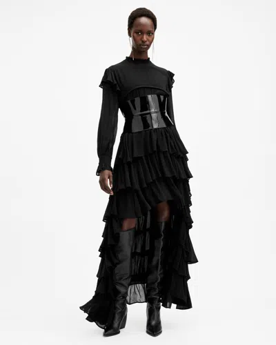 Allsaints Cavarly Long Sleeve Ruffle Maxi Dress In Black