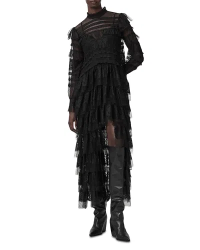 Allsaints Womens Cavarly High-neck Long-sleeve Woven Maxi Dress Lace Black
