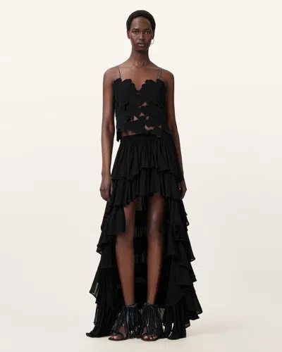 Allsaints Cavarly Tiered Ruffle Maxi Skirt In Black