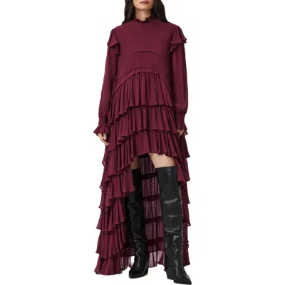 Allsaints Cavarly Ruffle Long Sleeve Maxi Dress In Brown