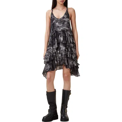 Allsaints Cavarly Snakeskin Print Tiered Asymmetric Hem Dress In Evolve Slate Grey
