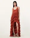 Allsaints Cavarly Tiered Ruffle Maxi Dress In Burnt Brick Red