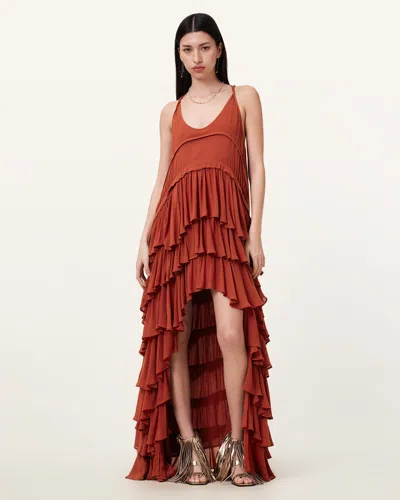 Allsaints Cavarly Tiered Ruffle Maxi Dress In Burnt Brick Red