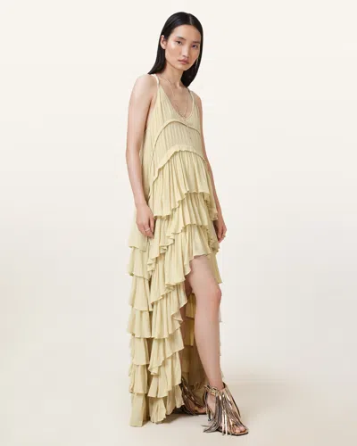 Allsaints Cavarly Tiered Ruffle Maxi Dress In Jade Green