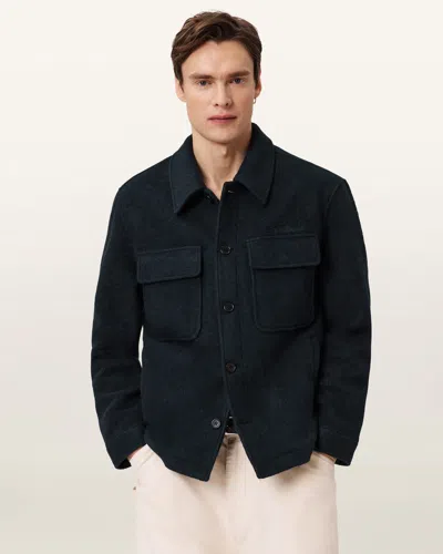 Allsaints Mens Agate Blue Cayson Logo-embroidered Wool-blend Jacket Xl In Black