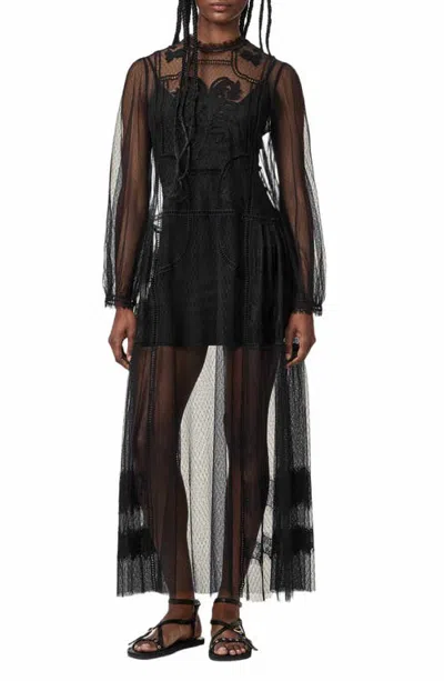 Allsaints Cesca Embroidered Tulle Maxi Dress In Black